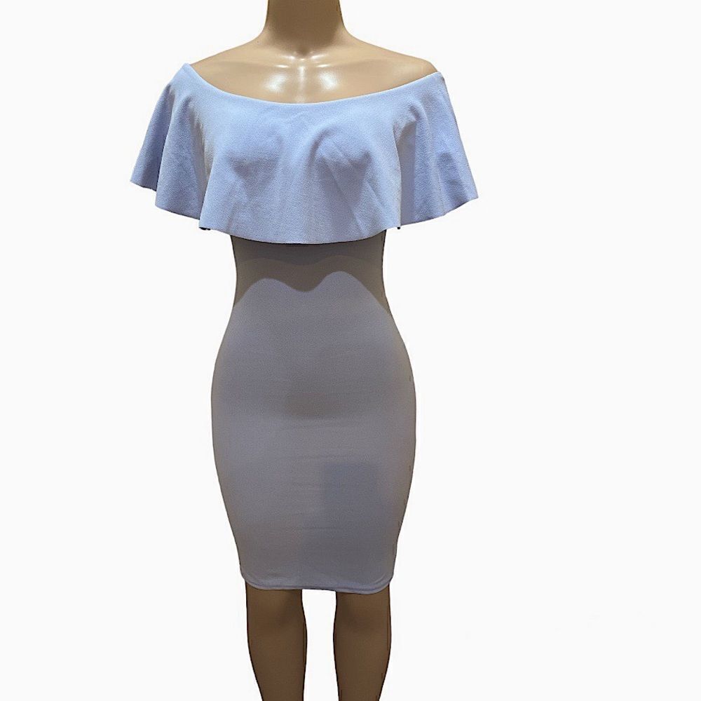 NWT- Pretty little thing Celinea Dusty Blue Bardot Frill Midi Dress